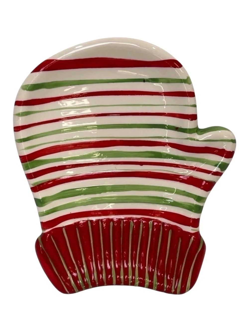 Mitten Candy Serving Tray Red/Green Striped Christmas/Holiday/Winter EUC